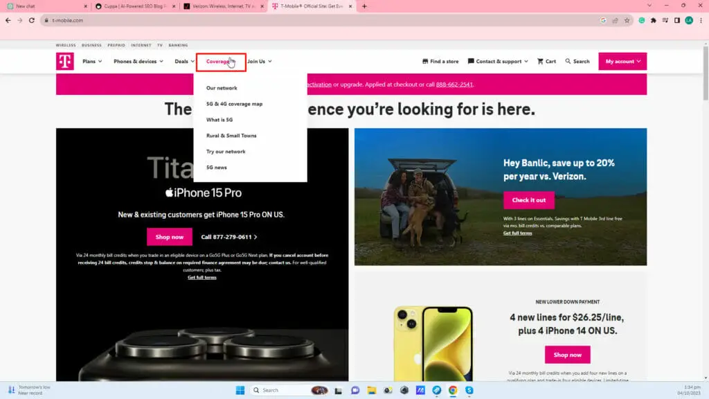 T-Mobile website highlighting the Coverage Maps menu