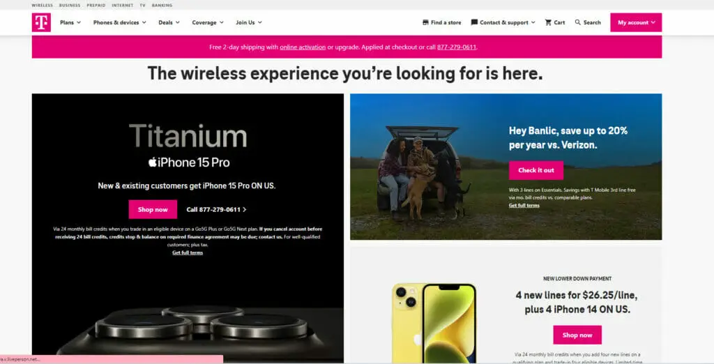 T-Mobile website with iPhone Pro banner ad