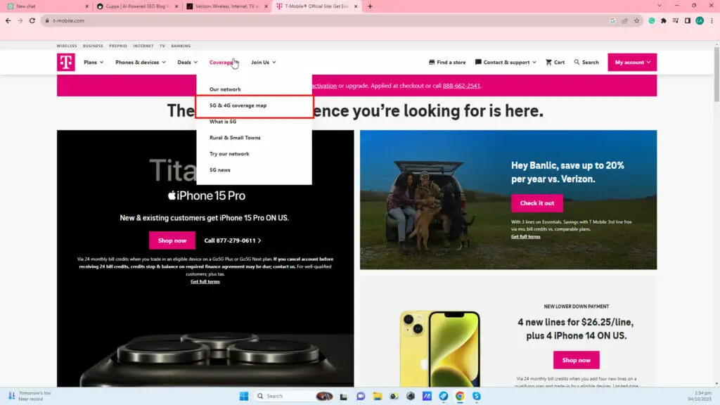 T-Mobile website highlighting the 5g & 4g coverage map sub-menu