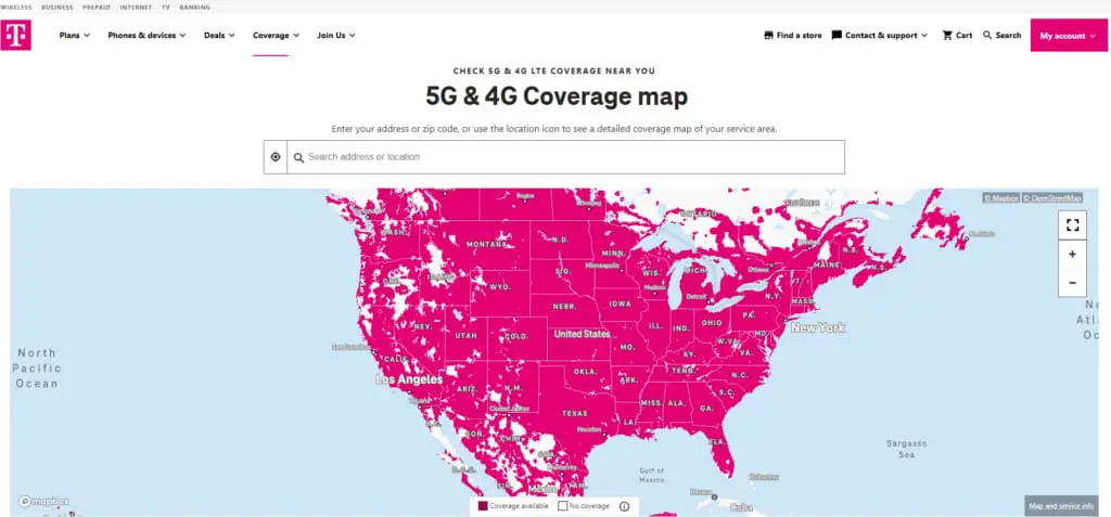 T-Mobile website with 5g and 4g coverage map in pink