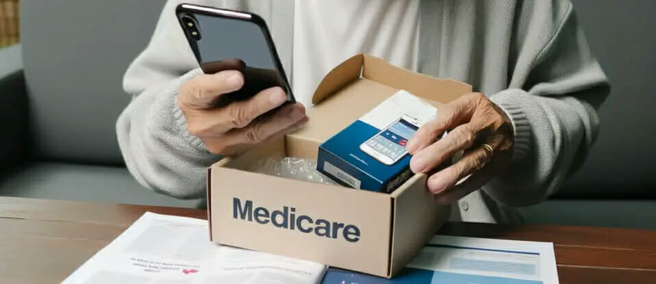 A man holding a cell phone while holding a medicare box