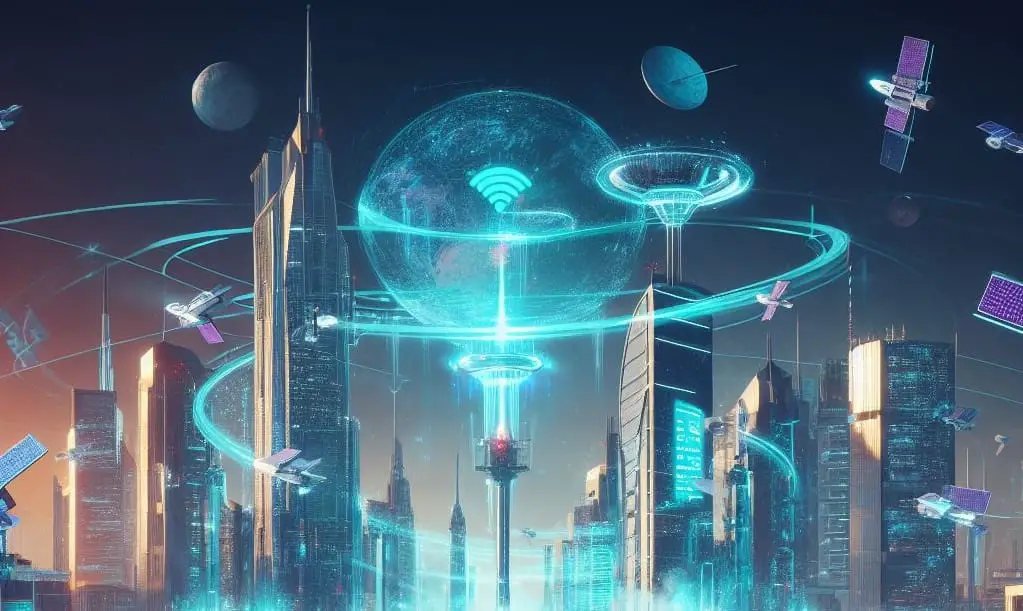 A futuristic city with many satellites and internet connection
