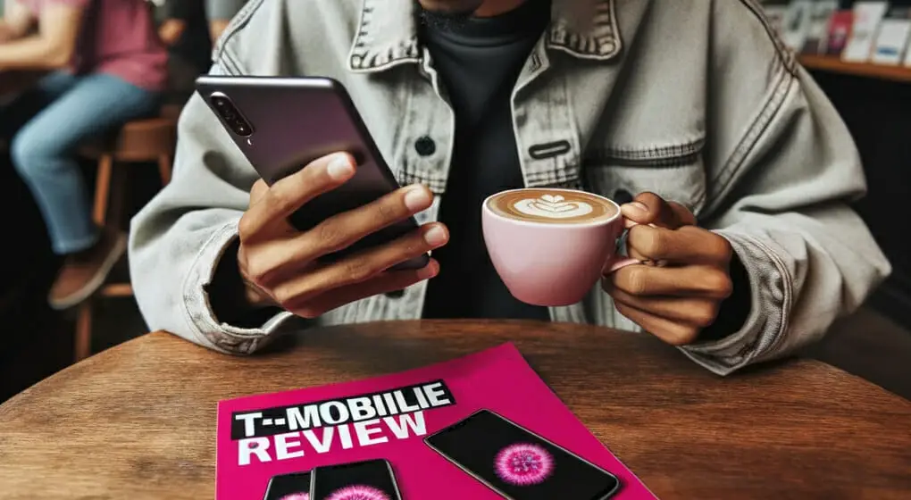 A person in a cafe with T-Mobile Review magazine on the table