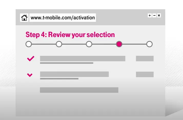 A screen showing the steps to review your selection at t-mobile website