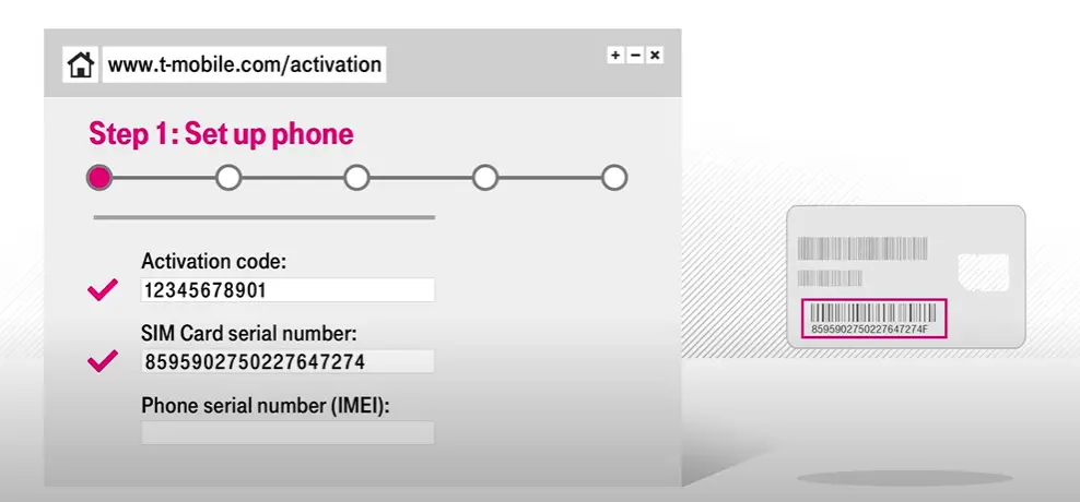 A screen showing the steps to set up a mobile phone at a t-mobile website