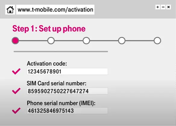 A screen showing the steps to set up a mobile phone.